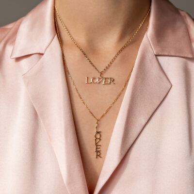 Lover Large Pendant With Single Diamond 14k Yellow Gold Vertical