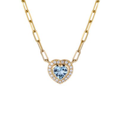 Nirvana Heart Halo Aquamarine & Diamond Necklace 9k Yellow Gold