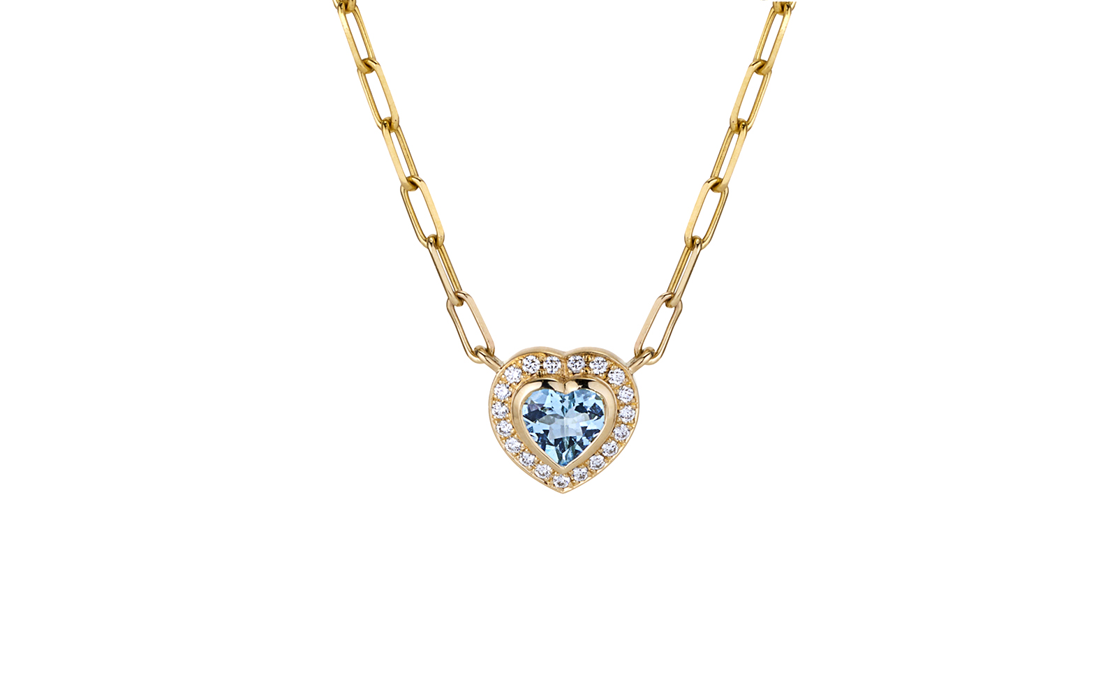 Nirvana Heart Halo Aquamarine & Diamond Necklace Yellow Gold