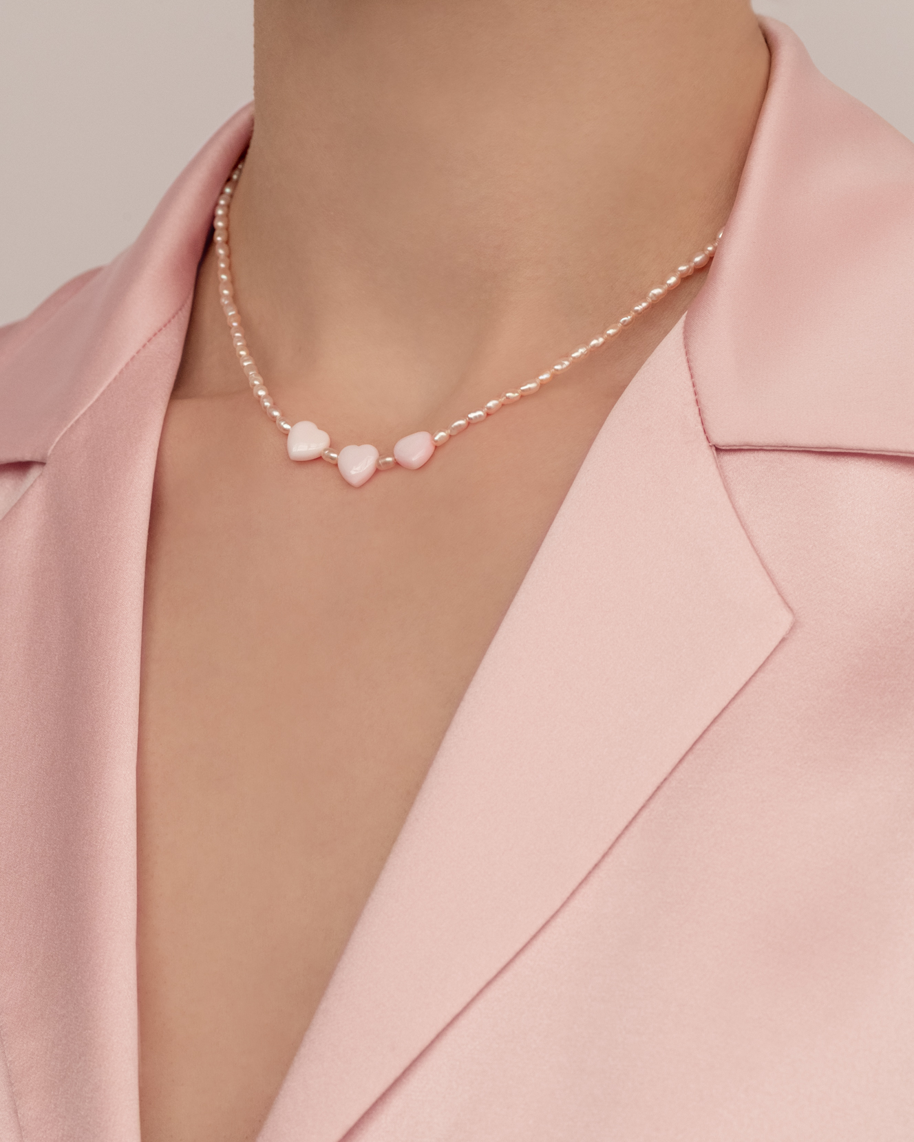 Sweetheart Shell Heart Trio and Pink Pearl Necklace